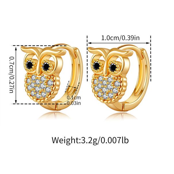 Fibbie per orecchie a forma di gufo con zirconi, orecchini piccoli e raffinati in rame placcato oro K, design unico, orecchini di nicchia_voghion.com