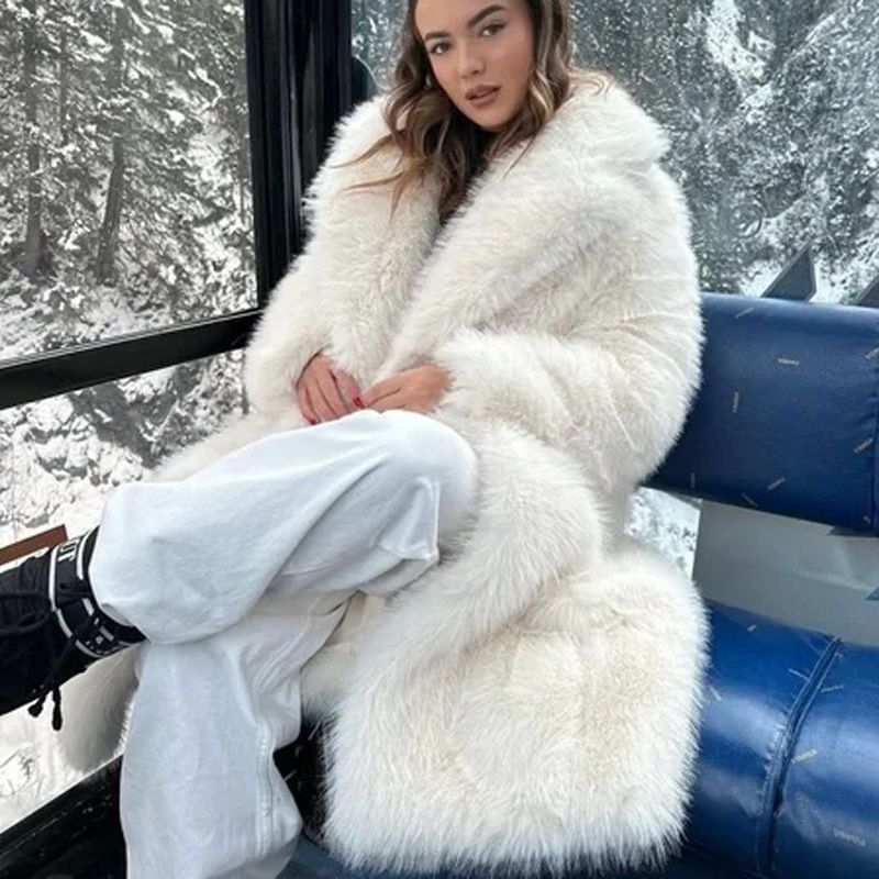Cappotto di pelliccia sintetica di lusso da donna, lungo e soffice, in pelliccia di volpe, elegante capospalla bianco per la moda di strada_voghion.com