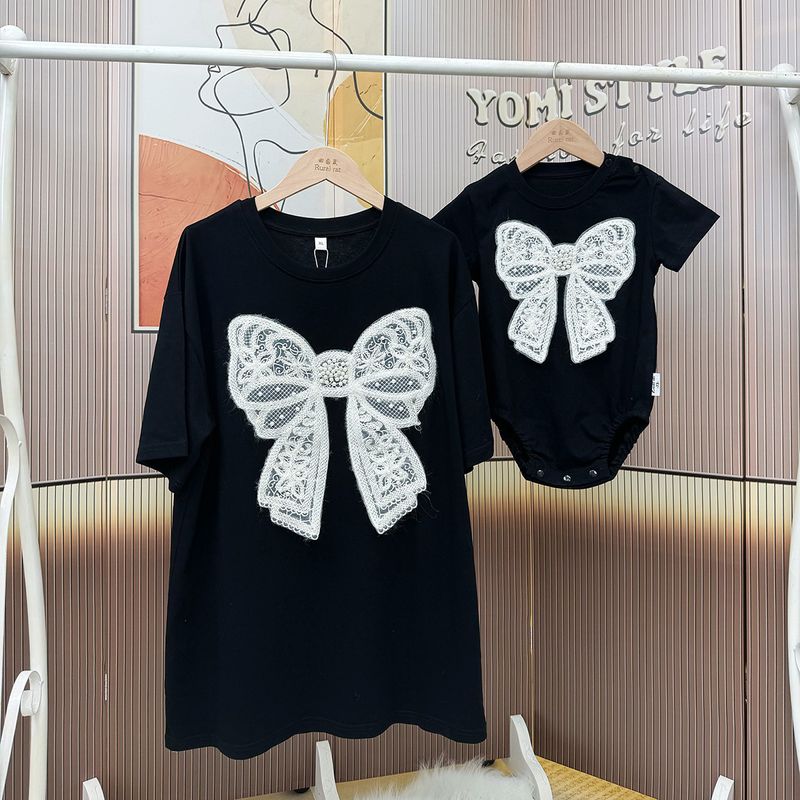 Haine de vară pentru mame și copii, tricou negru din bumbac, versiunea coreeană a unei familii de trei persoane, salopetă pentru bebeluși, haine de târâre_voghion.com