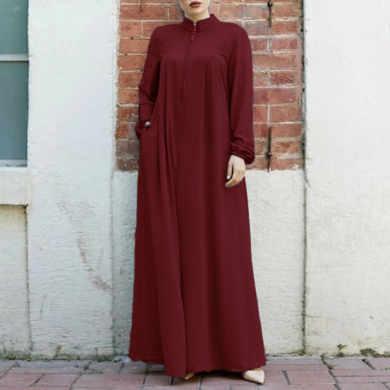 Muslimische Damenbekleidung im Nahen Osten, arabischer Stil, Stehkragen, Taschen-Strickjacke, grünes Kleid_voghion.com