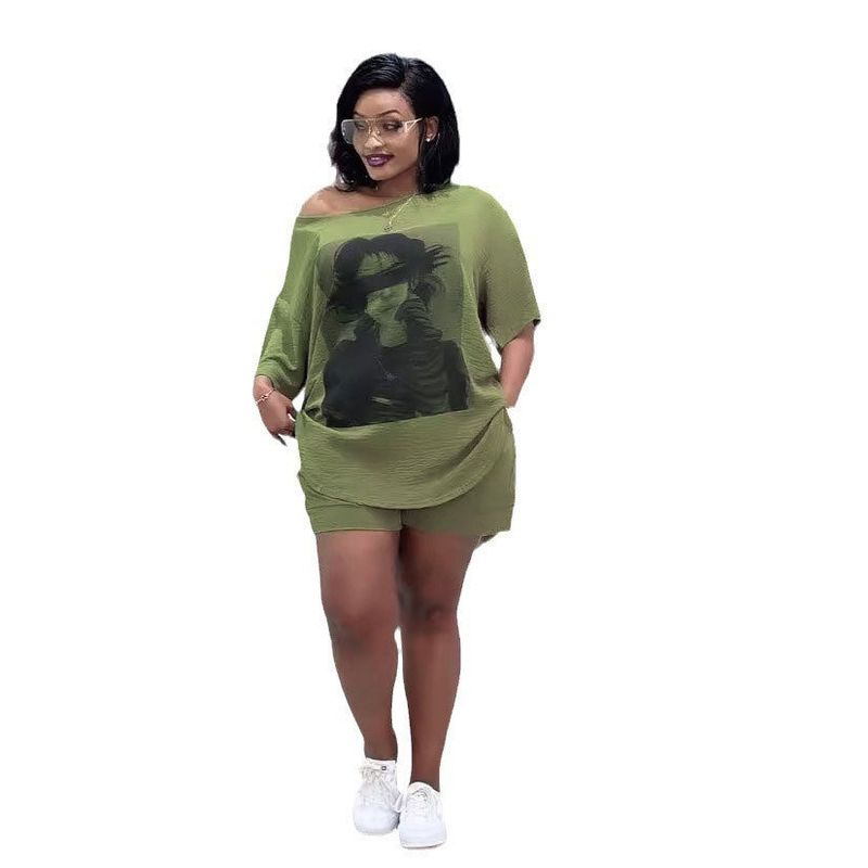 Ensemble deux pièces short à épaules obliques imprimé pour femme_voghion.com