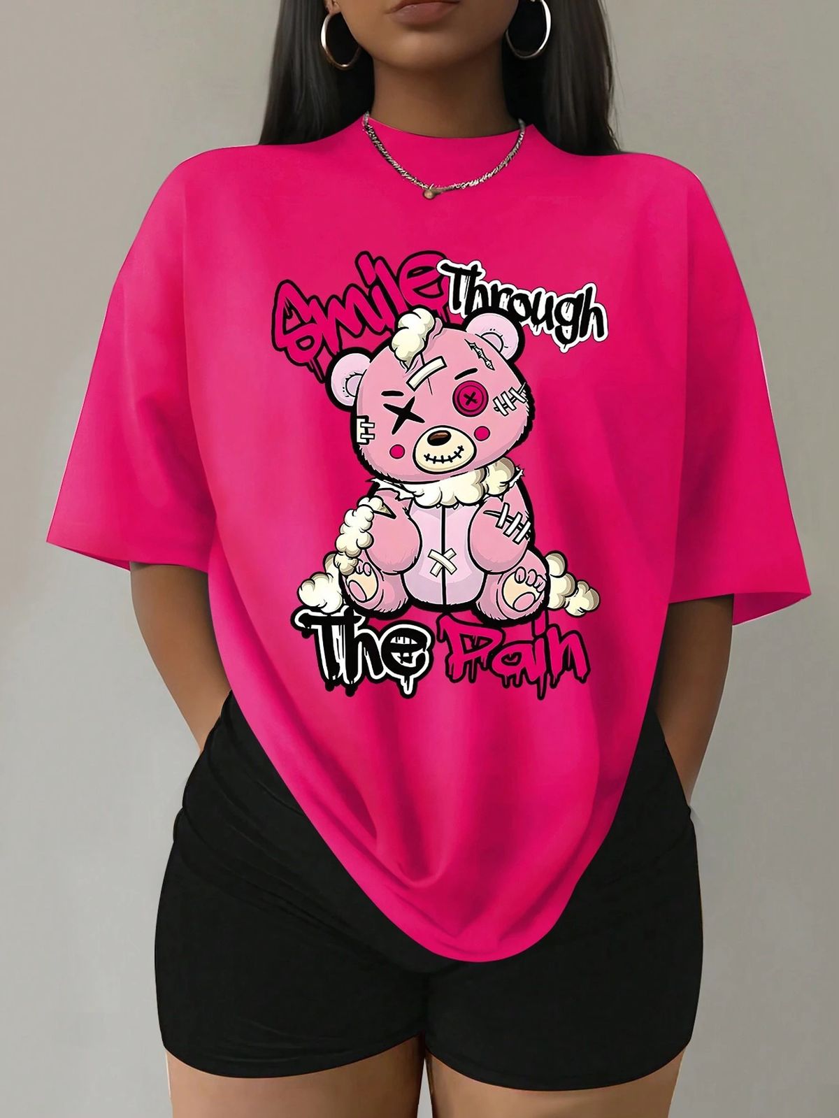 Women's Clothing Puppet Bear Cartoon Printing Women T Shirts Two Piece Set Fa_voghion.com