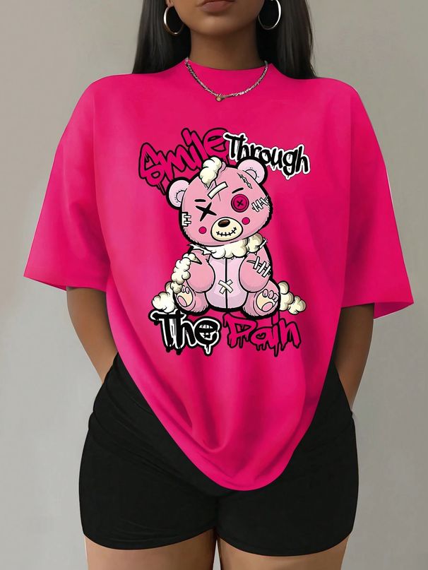 Women's Clothing Puppet Bear Cartoon Printing Women T Shirts Two Piece Set Fa_voghion.com