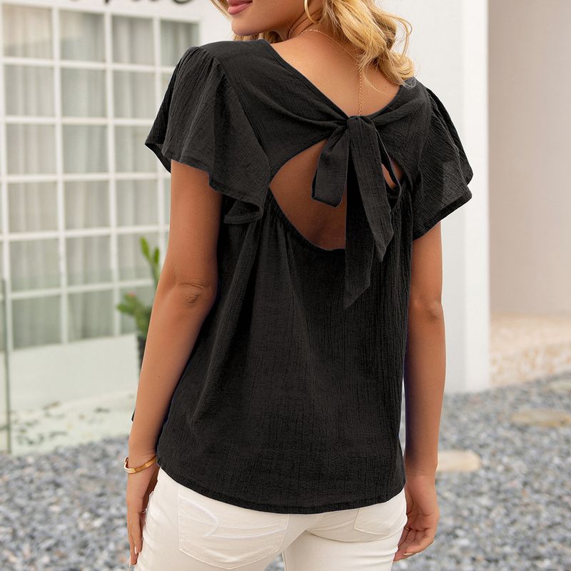 Hohlbogen-Neckholder-Top mit Rüschenärmeln für Frauen_voghion.com