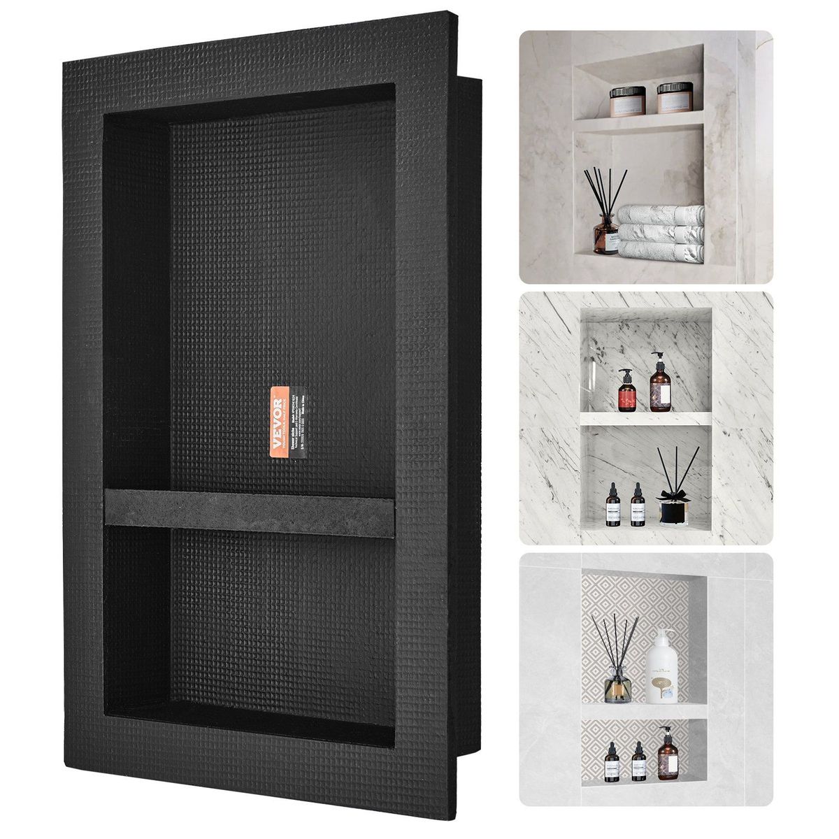VEVOR Shower Niche Ready For Tile 16" X 24", Double Shelf Organizer, Square Corners Wall-inserted Niche Recessed, Sealed Protection Modern Soap Storage Niche For Shower Bathroom, Black_voghion.com