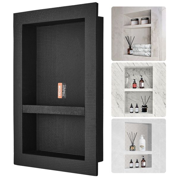 VEVOR Shower Niche Ready For Tile 16" X 24", Double Shelf Organizer, Square Corners Wall-inserted Niche Recessed, Sealed Protection Modern Soap Storage Niche For Shower Bathroom, Black_voghion.com