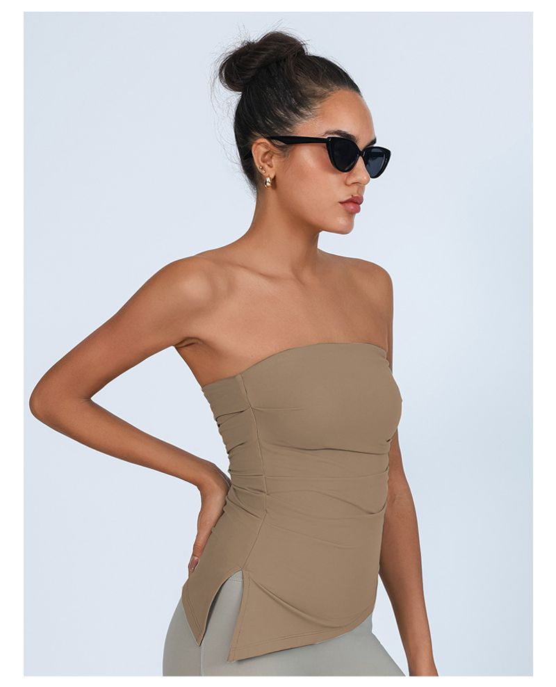 Women's Clothing With Chest Pads Sexy Hot Girl Strapless Solid Color Side Slit Tube Top Yoga Clothes_voghion.com