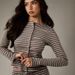 Women's Striped Knit Lounge Set – Long Sleeve Top & Wide Leg Pants, Poly-Spandex Blend For Work & Leisure (Grey/Brown, S-XXL)_voghion.com
