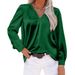 Women's clothing Satin pleated long-sleeved top V-neck casual loose satin commuter shirt_voghion.com
