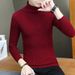 Men's simple solid color knit slim vertical striped turtleneck sweater_voghion.com