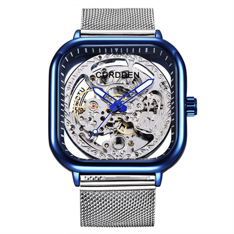 Men's Stainless Steel Automatic Mechanical Watch With Square Dial And Skeleton Design, Business Style, Water Resistant_voghion.com