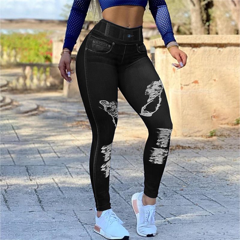 Colanți de yoga sport pentru femei, cu talie înaltă, elastici, din imitație de denim, mărime mare_voghion.com