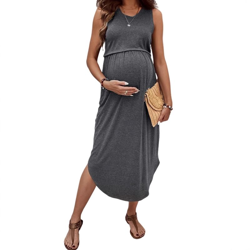 Dameskleding Taille Effen Kleur Mouwloos Casual Mode Temperament Slanke Ronde Hals Zwangerschapsjurk_voghion.com