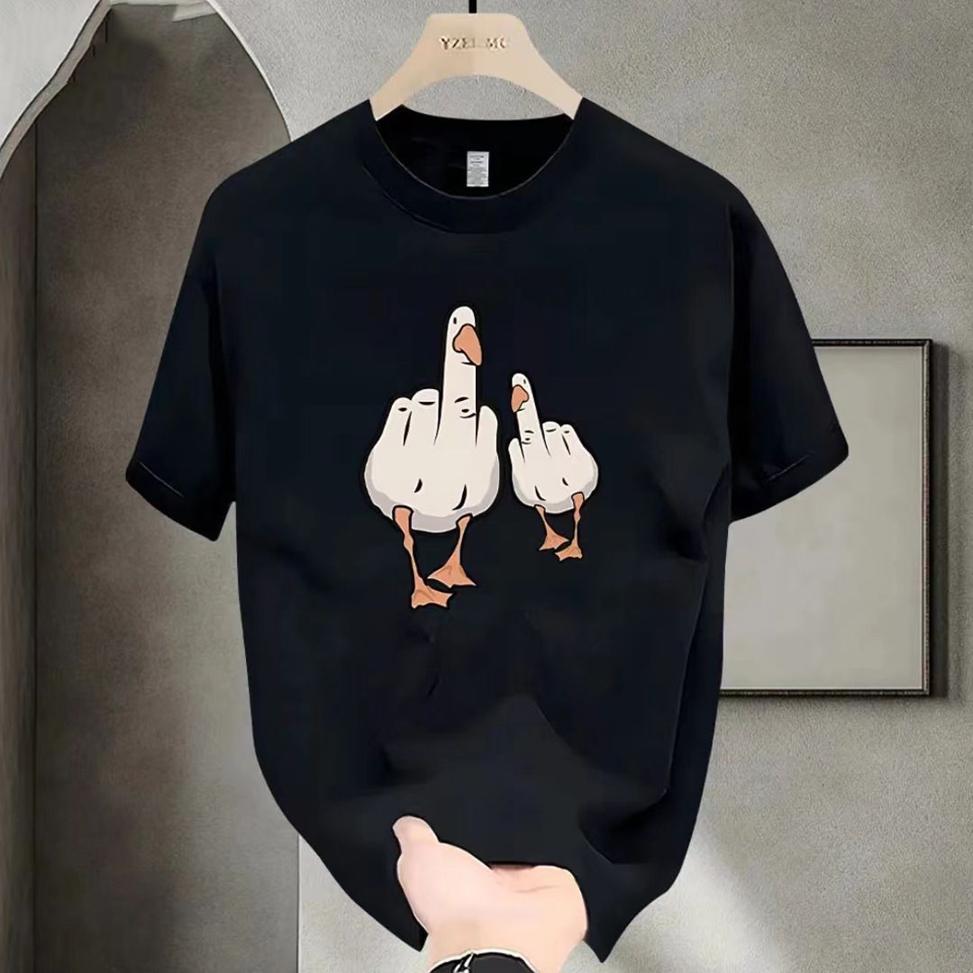 Herrenbekleidung Sommer New Hong Kong Style Ins Nischentrend Duck Print Schwere Baumwolle Kurzarm T-Shirt Herren Lose Rundhals Top_voghion.com