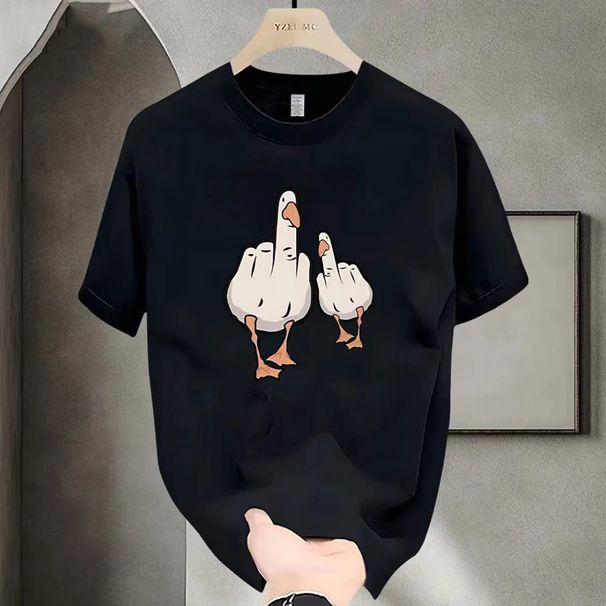Herrenbekleidung Sommer New Hong Kong Style Ins Nischentrend Duck Print Schwere Baumwolle Kurzarm T-Shirt Herren Lose Rundhals Top_voghion.com