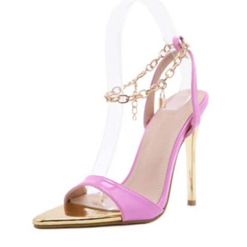 Grensoverschrijdende buitenlandse handel Grote maten Nieuwe damesschoenen Snoepkleurige puntige neus Stiletto Hoge hakken Mode sandalen Metalen ketting Spot_voghion.com