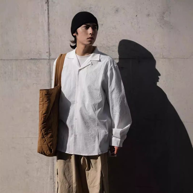 Unbeatable Quality Spring And Autumn Cityboy White Men's Design Feel Loose Cuban Collar Long Sleeve Shirt Coat_voghion.com