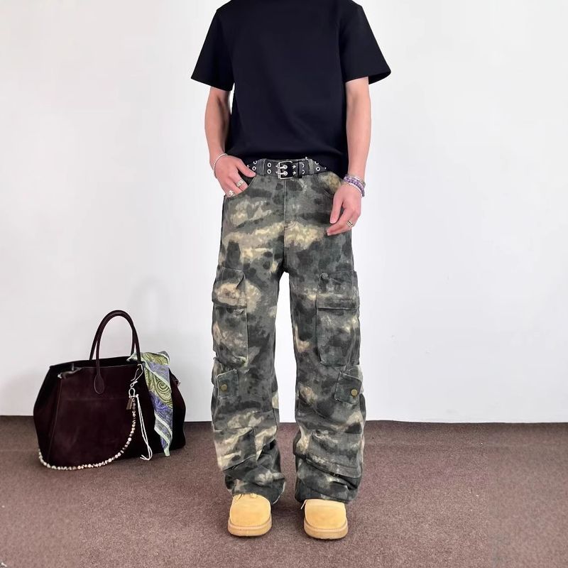 Pantaloni cargo multitasche da uomo, stile montagna, stile outdoor, stile tie-dye, mimetici, larghi e alla moda_voghion.com