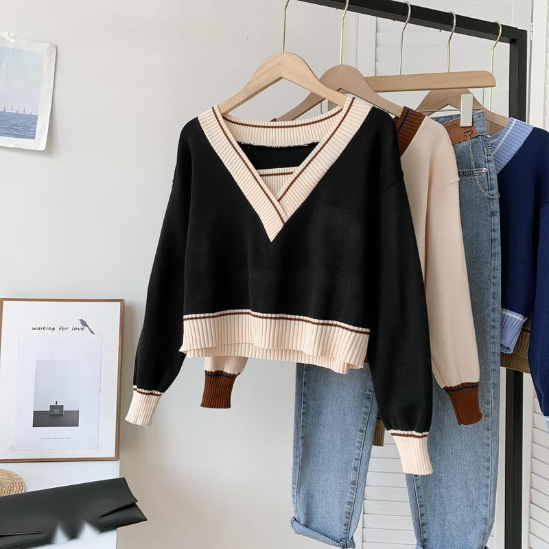 Losse V-hals trui in westerse stijl voor dames in de lente en herfst, nieuwe kleurblokkerende korte gebreide trui,_voghion.com