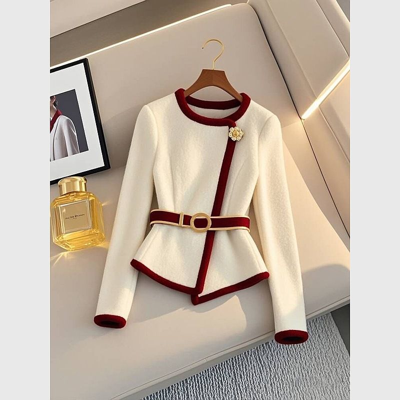 Giacca a contrasto bianca spessa da donna, in vendita autunnali, con design irregolare e vita alta_voghion.com