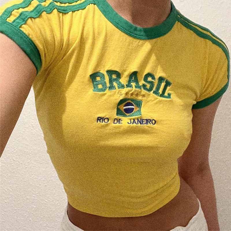 Abbigliamento da donna top estetici retrò verde estivo T-shirt ricamata con lettera modello a maniche corte per bambini top pancia scoperta per le donne_voghion.com