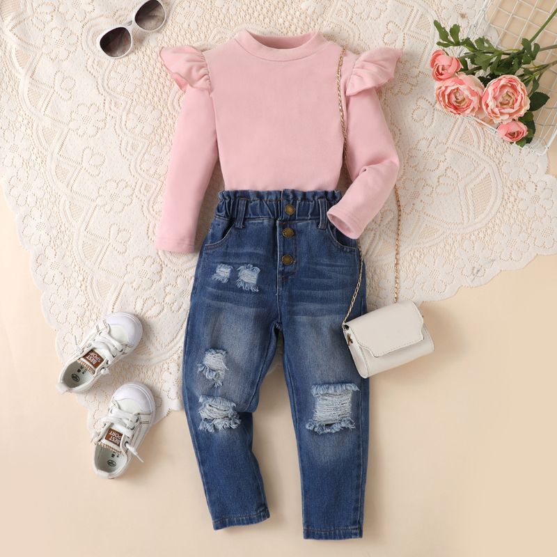 Mother & Kids Girls' Solid Color Flying Sleeves Round Neck Pullover Denim Open Pocket Ripped Trousers Two Piece Set_voghion.com