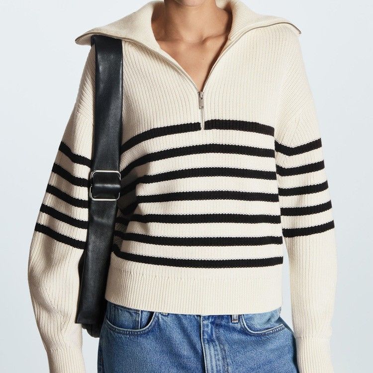 Lapel Striped Sweater Women's Pullover Zipper Knitted Sweater Women's_voghion.com