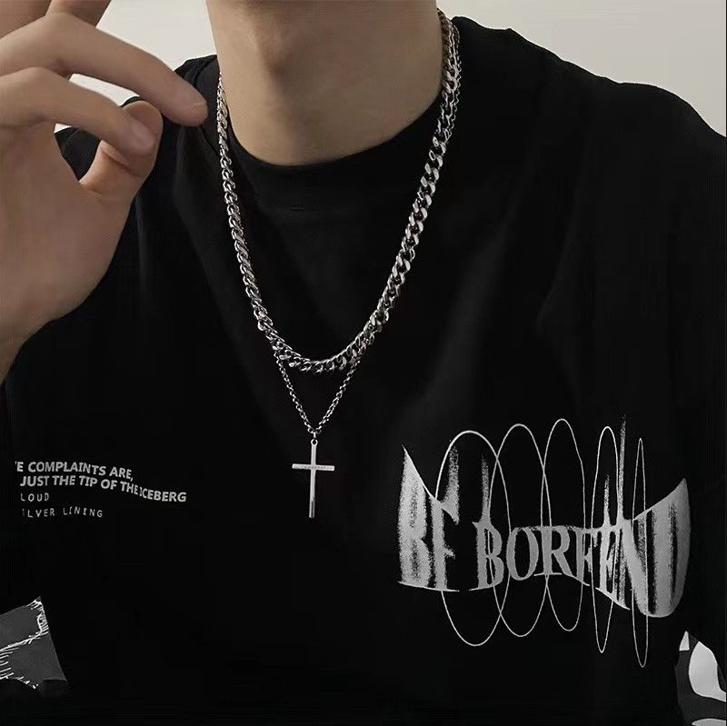 Collana versatile con croce cubana e ciondolo a forma di doppio strato, stile hip-hop alla moda, design unico per uomo._voghion.com