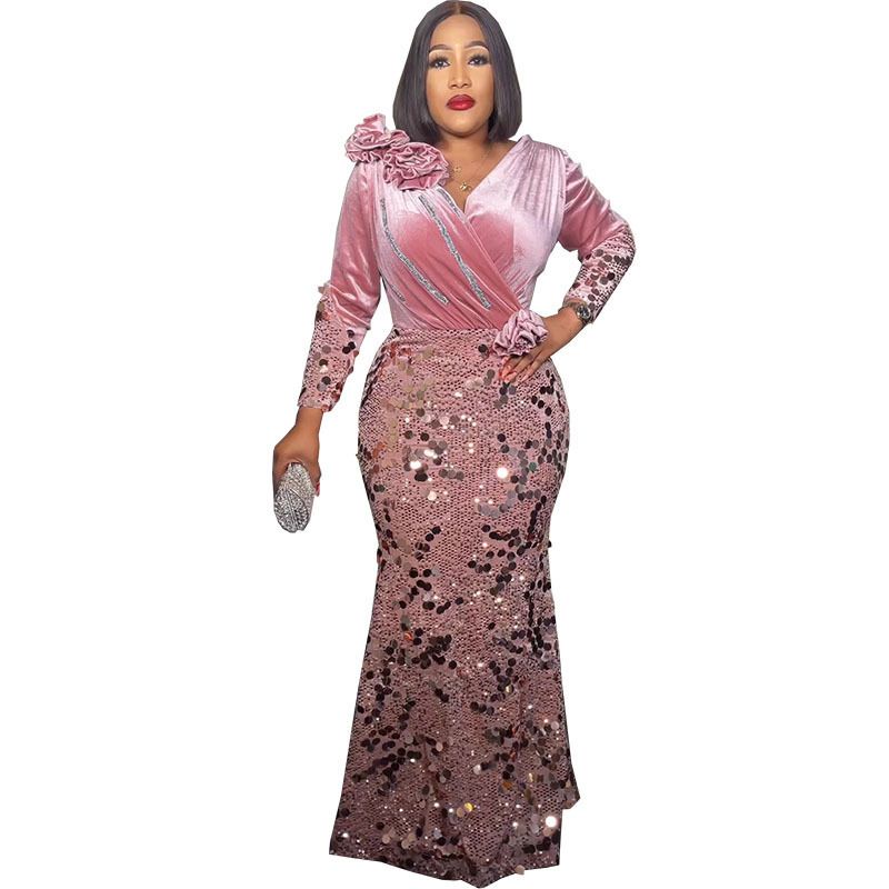 Modisches, schmales Abendkleid aus Samt mit Pailletten für Damen_voghion.com