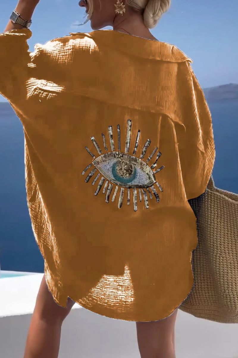 Camicia casual alla moda a maniche lunghe in cotone e lino con risvolto da donna_voghion.com