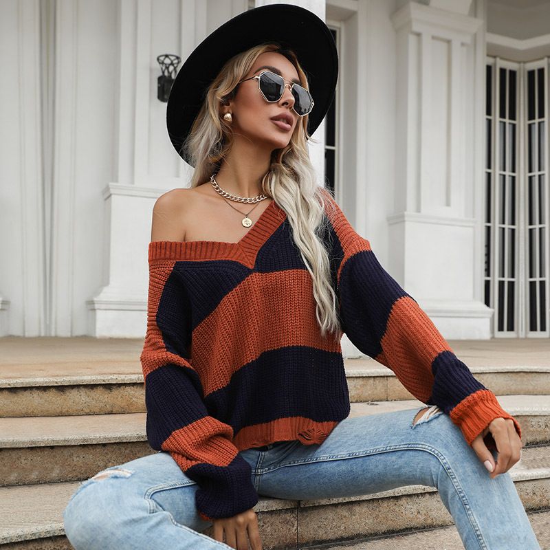 Maglione ampio con scollo a V abbinato a maniche lunghe alla moda da donna da indossare_voghion.com