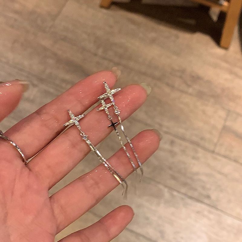 Irregular Zircon Cross Star Tassel Silver Needle Elegant Women Long Style 2023 New Earrings_voghion.com