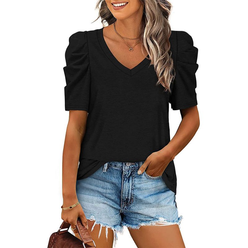 T-shirt a maniche corte con scollo a V e cuciture plissettate alla moda da donna_voghion.com