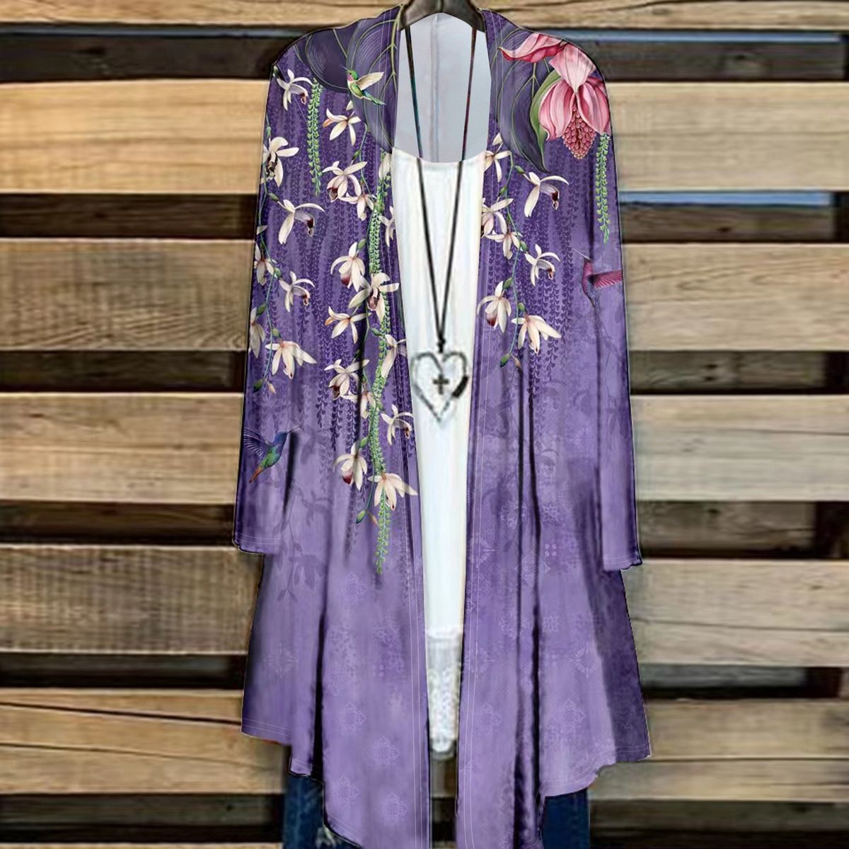 Langärmliger Cape-Mantel für Damen mit großem T-Shirt-Shirt-Print und unregelmäßigem Saum_voghion.com