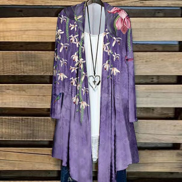 Langärmliger Cape-Mantel für Damen mit großem T-Shirt-Shirt-Print und unregelmäßigem Saum_voghion.com