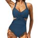 Women's Multi-color neck twisted one-piece swimsuit for women high waist swimsuit beachwear_voghion.com