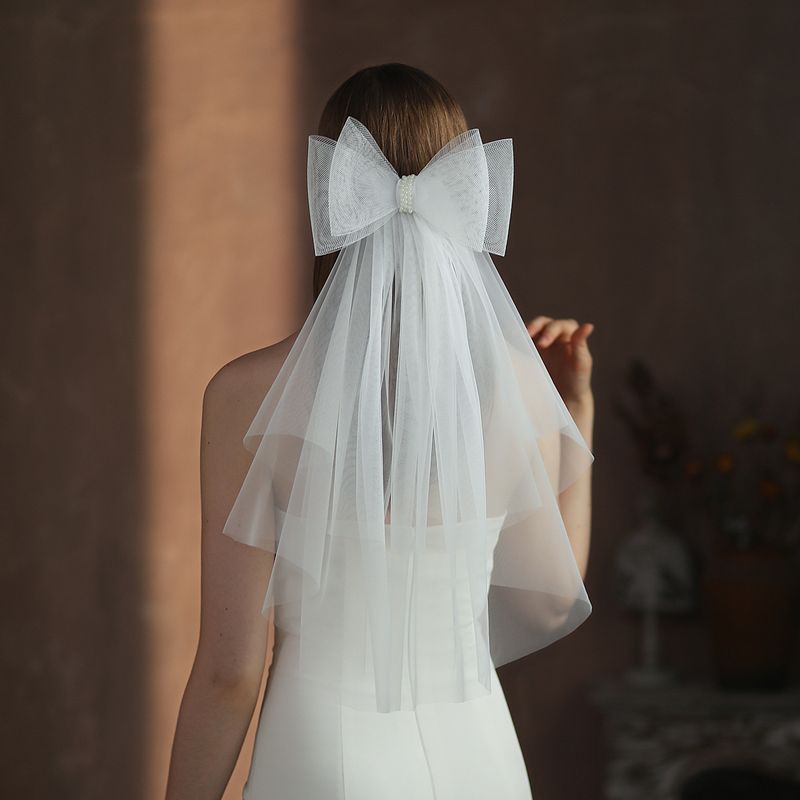 Women's elastic mesh bow bridal veil white double layer wedding travel photo headband with hair comb_voghion.com