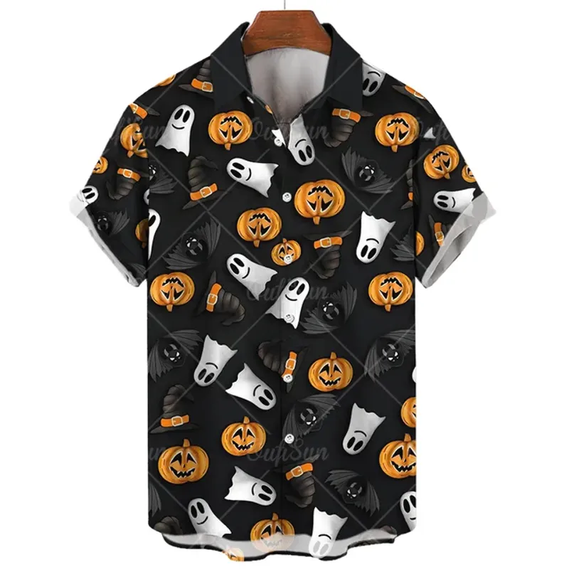 Chemise d'Halloween pour homme, manches courtes, imprimé petit diable, style hawaïen, décontractée, pour la plage, les voyages, surdimensionnée_voghion.com