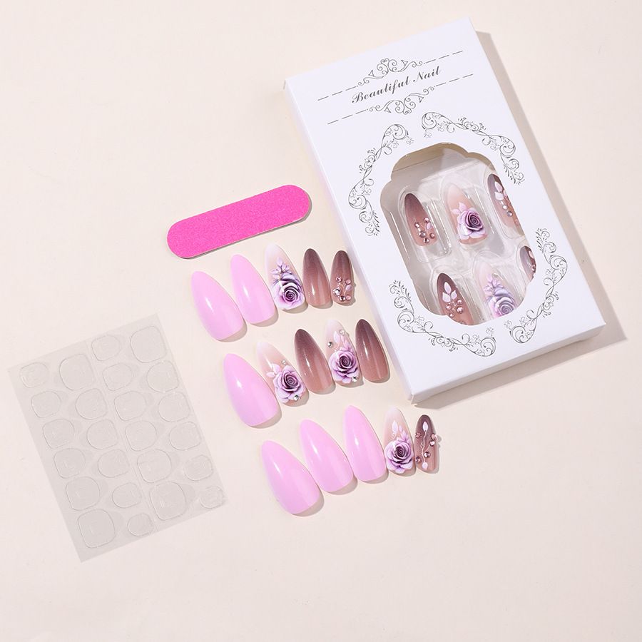 Almond Handmade Wear On Nail High Grade Purple Rose Rhinestone Nail Art Patch Wear On Nail_voghion.com