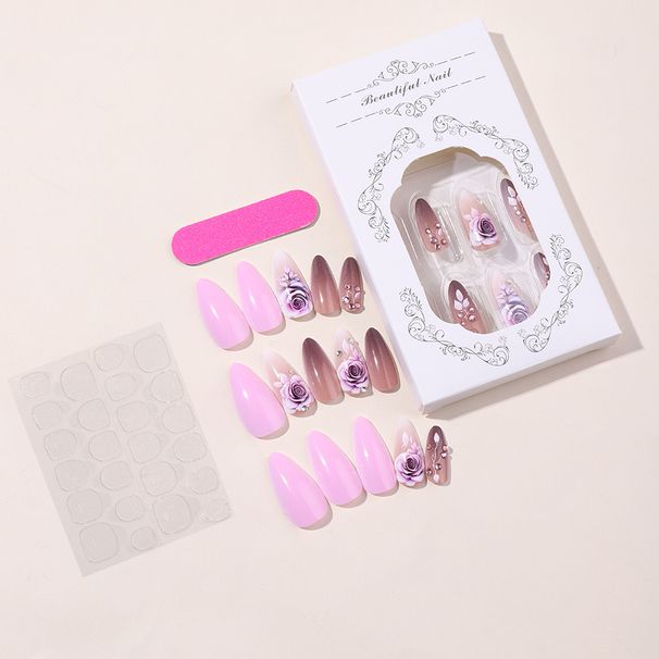 Almond Handmade Wear On Nail High Grade Purple Rose Rhinestone Nail Art Patch Wear On Nail_voghion.com