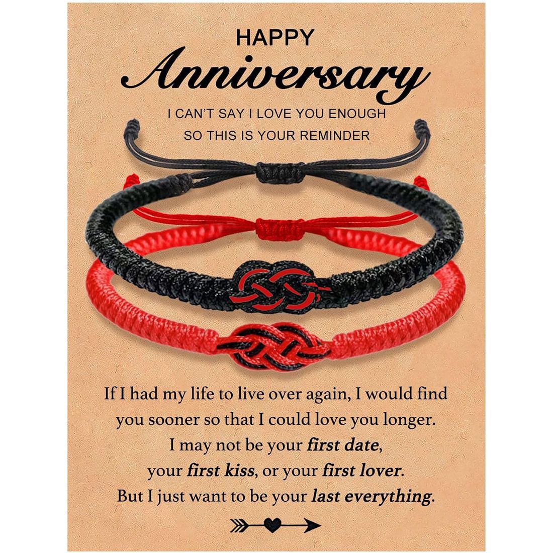 Set di braccialetti intrecciati per coppie di uomini e donne, in corda nera e rossa, intrecciati a mano e regolabili, con scritta "Anima Gemella", in bianco e nero._voghion.com