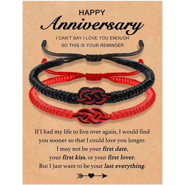 Set di braccialetti intrecciati per coppie di uomini e donne, in corda nera e rossa, intrecciati a mano e regolabili, con scritta "Anima Gemella", in bianco e nero._voghion.com