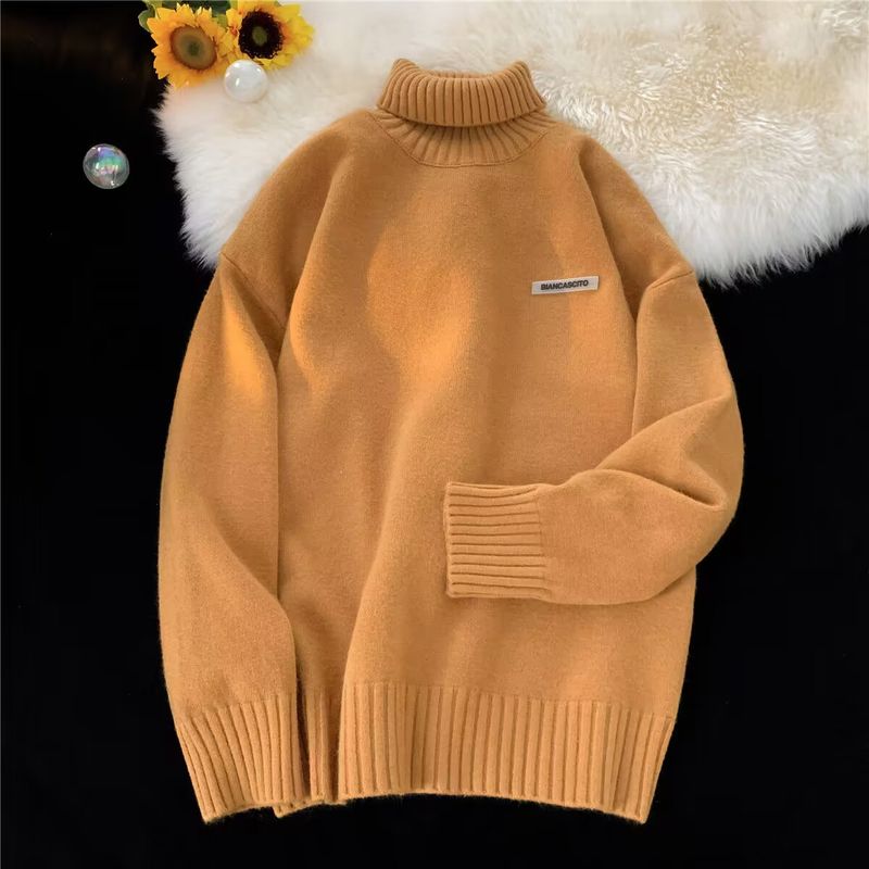 Einfarbiges Etikett mit hohem Halsausschnitt für Männer und Frauen im Winter, dicke koreanische Version, fauler Stil, gestrickt für Paare, vielseitig_voghion.com