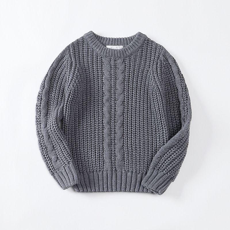 Suéter de otoño e invierno para niños, jersey de cuello redondo de punto con hilo de algodón de color sólido para niños, suéter grueso para niños_voghion.com