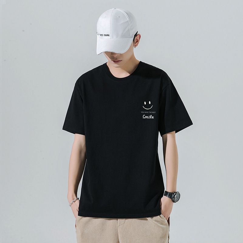 Short Sleeved T Shirt For Men Summer New Smiley Face Printed Cotton Loose Round Neck S Half Youth_voghion.com