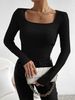 Maglietta a maniche lunghe slim fit da donna, stile autunnale, in poliestere elasticizzato con scollo quadrato, per lavoro e abbigliamento casual_voghion.com