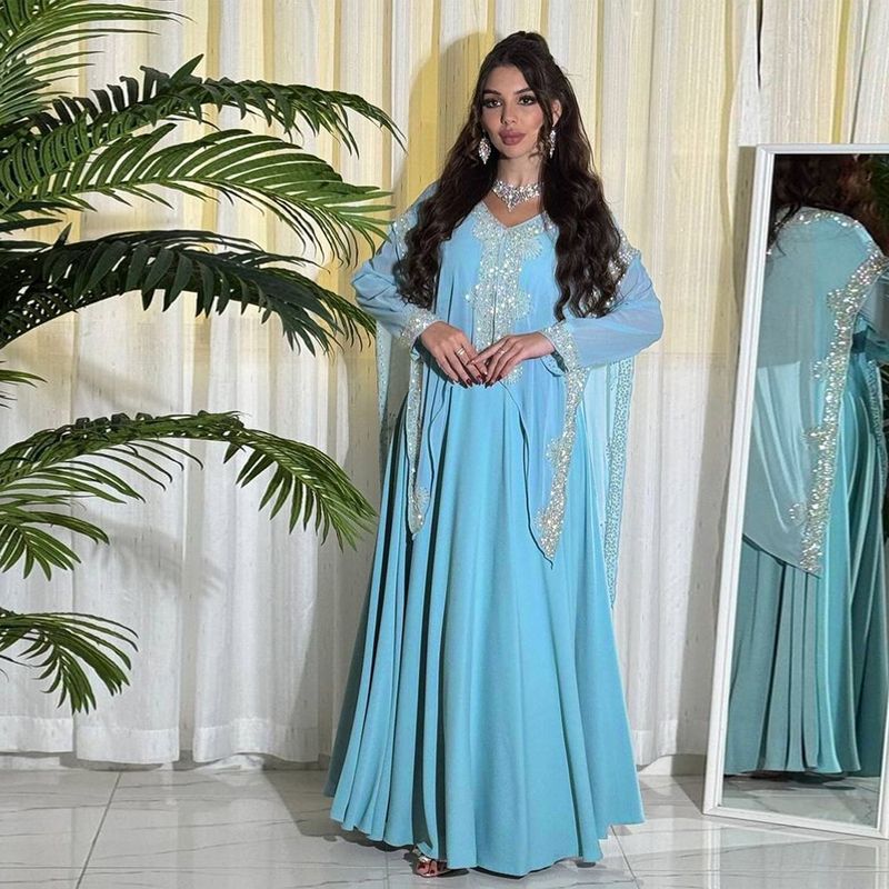 Women’s Clothing Fashion Chiffon Hot Diamond Dress Muslim Robe Dubai Arabian Long Skirt_voghion.com