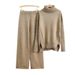 Completo in maglia elegante, casual, autunno-inverno, con design diviso, maglione a collo alto, pantaloni larghi in tinta unita, set da due pezzi_voghion.com