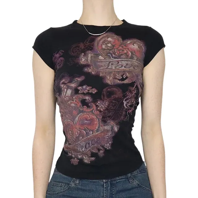 Dámské tričko s krátkým rukávem a vintage grunge vzorem s potiskem Y2K ve stylu gothic 00s a 90. let_voghion.com