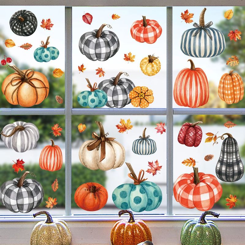 9 Sheets Fall Window Clings 98PCS Thanksgiving Window Stickers Pumpkin Maple Leaf Double Sided Static Window Decals For Autumn Party Supplies_voghion.com